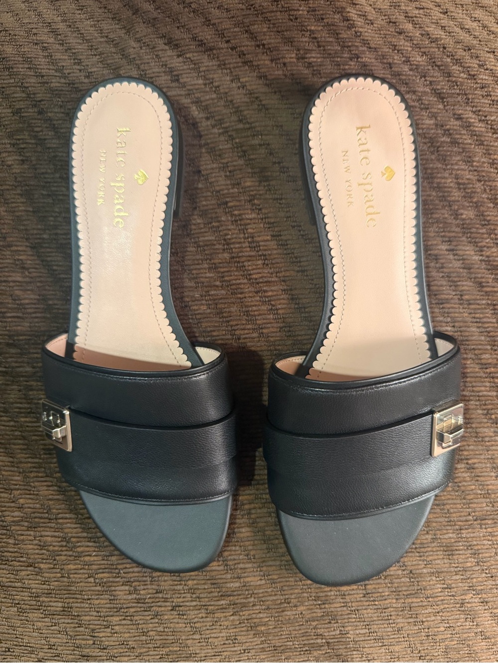 Brand New Kate Spade Phoebe Black Leather Slide Sandals - Picture 2 of 6